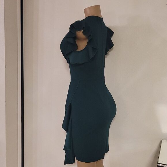 BRAND NEW KNITEE V-NECK RUFFLED ASYMMETRICAL MINI DRESS G1 - Picture 10 of 13